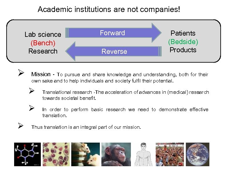 Academic institutions are not companies! Lab science (Bench) Research Ø Reverse Patients (Bedside) Products