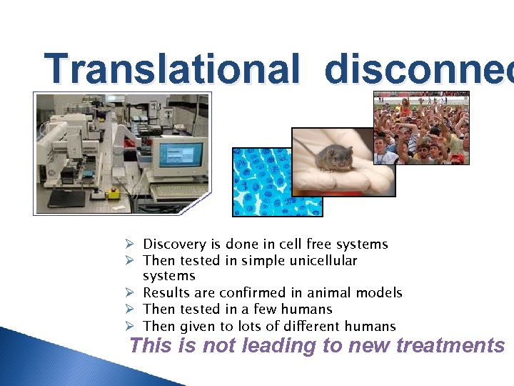 Translational disconnec Ø Discovery is done in cell free systems Ø Then tested in