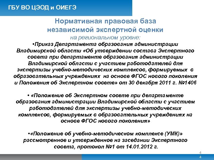 ГБУ ВО ЦЭОД и ОИЕГЭ Нормативная правовая база независимой экспертной оценки на региональном уровне: