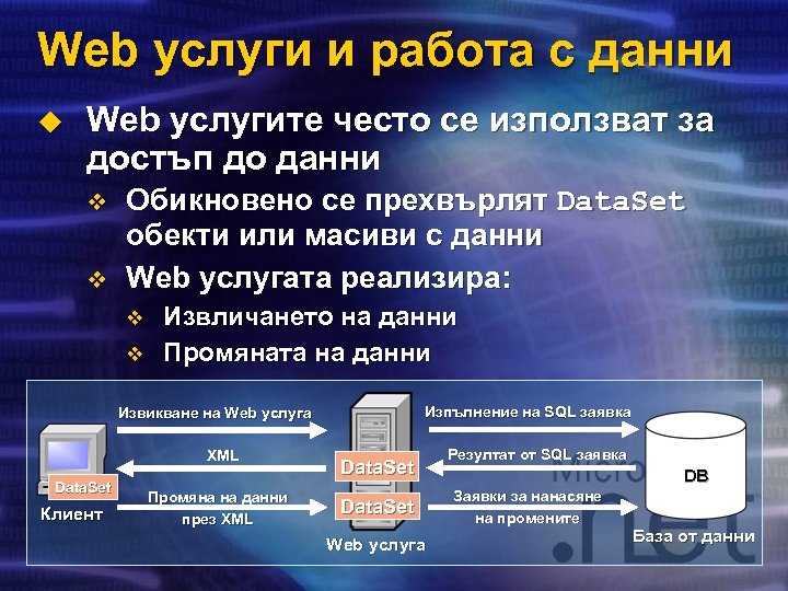 Web услуги и работа с данни u Web услугите често се използват за достъп