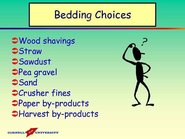 Bedding Choices ÜWood shavings ÜStraw ÜSawdust ÜPea gravel ÜSand ÜCrusher fines ÜPaper by-products ÜHarvest
