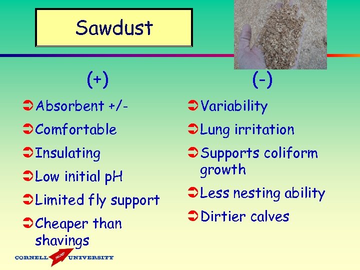 Sawdust (+) (-) Ü Absorbent +/- Ü Variability Ü Comfortable Ü Lung irritation Ü