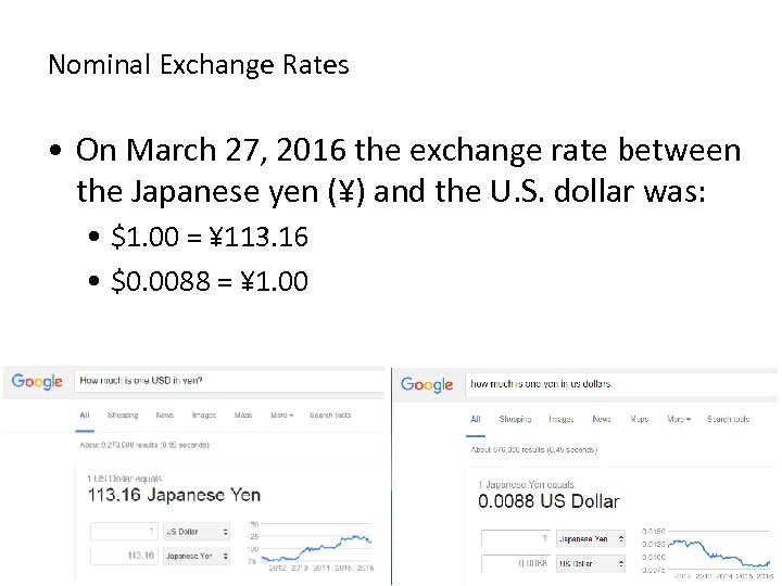 Nominal Exchange Rates • On March 27, 2016 the exchange rate between the Japanese