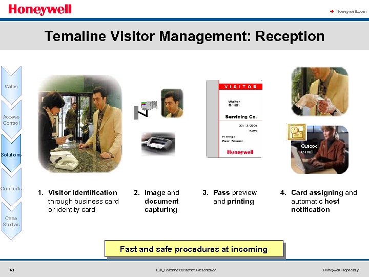 à Honeywell. com Temaline Visitor Management: Reception Value Access Control Outlook e-mail Solutions Compn'ts