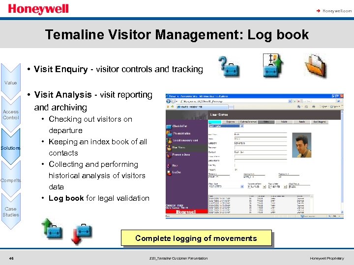 à Honeywell. com Temaline Visitor Management: Log book • Visit Enquiry - visitor controls