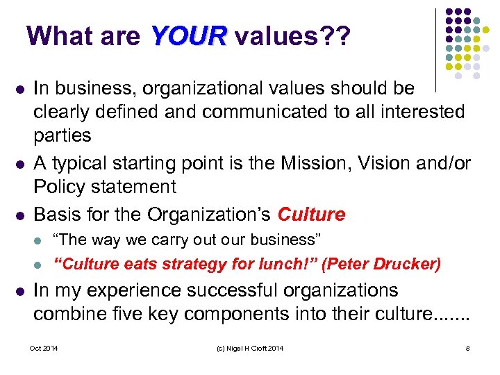 What are YOUR values? ? l l l In business, organizational values should be