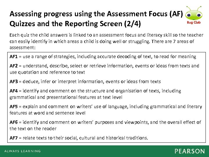 Assessing progress using the Assessment Focus (AF) Quizzes and the Reporting Screen (2/4) Each