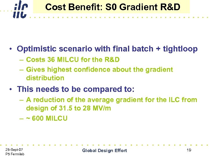 Cost Benefit: S 0 Gradient R&D • Optimistic scenario with final batch + tightloop