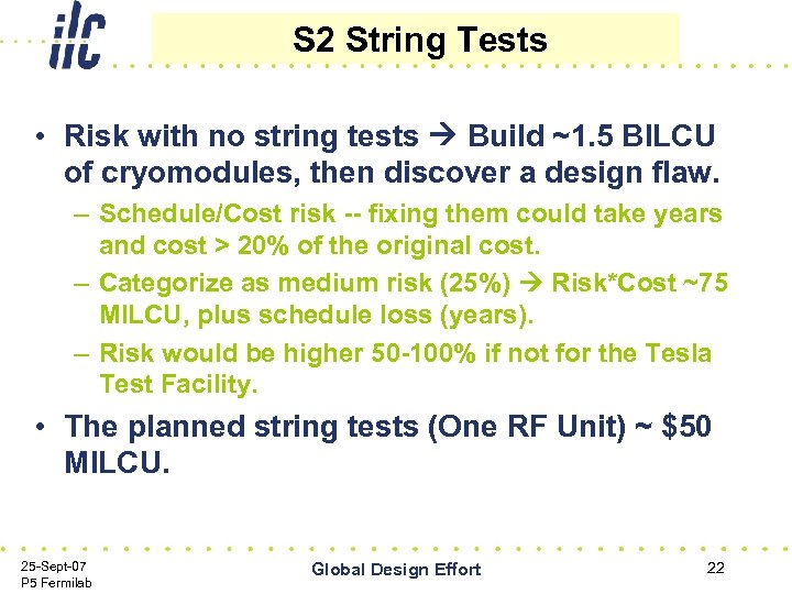 S 2 String Tests • Risk with no string tests Build ~1. 5 BILCU