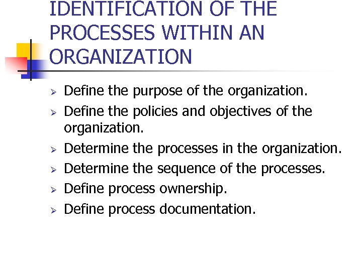 IDENTIFICATION OF THE PROCESSES WITHIN AN ORGANIZATION Ø Ø Ø Define the purpose of