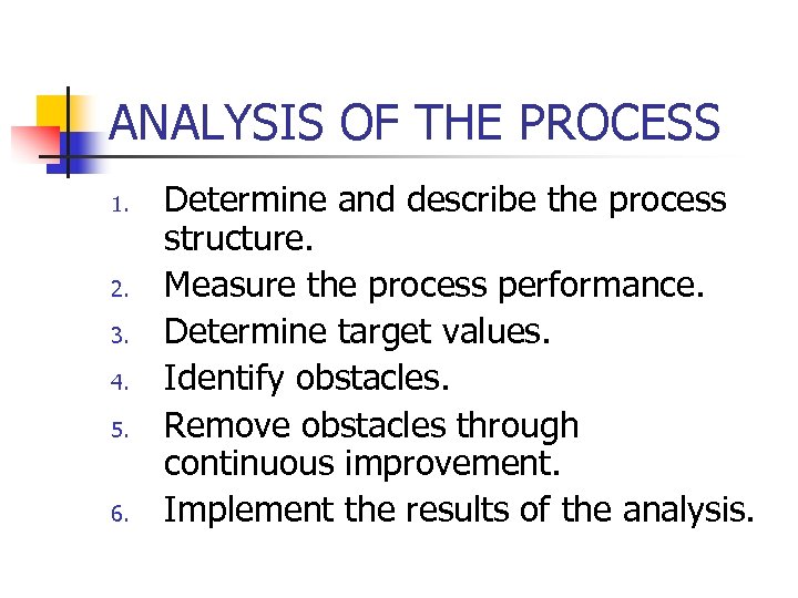 ANALYSIS OF THE PROCESS 1. 2. 3. 4. 5. 6. Determine and describe the