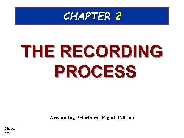 CHAPTER 2 THE RECORDING PROCESS Accounting Principles, Eighth Edition Chapter 2 -2 