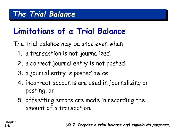 The Trial Balance Limitations of a Trial Balance The trial balance may balance even