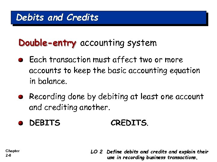 Debits and Credits Double-entry accounting system Each transaction must affect two or more accounts
