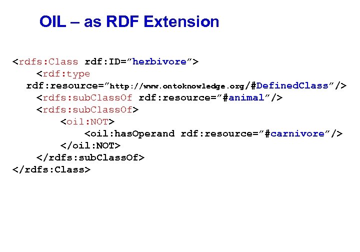 OIL – as RDF Extension <rdfs: Class rdf: ID=”herbivore”> <rdf: type rdf: resource=”http: //www.