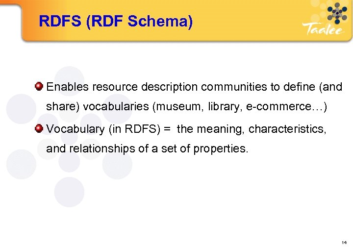 RDFS (RDF Schema) Enables resource description communities to define (and share) vocabularies (museum, library,