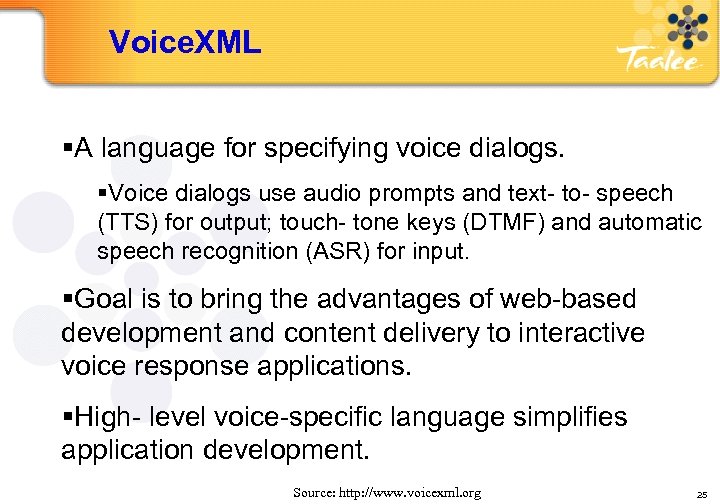 Voice. XML §A language for specifying voice dialogs. §Voice dialogs use audio prompts and