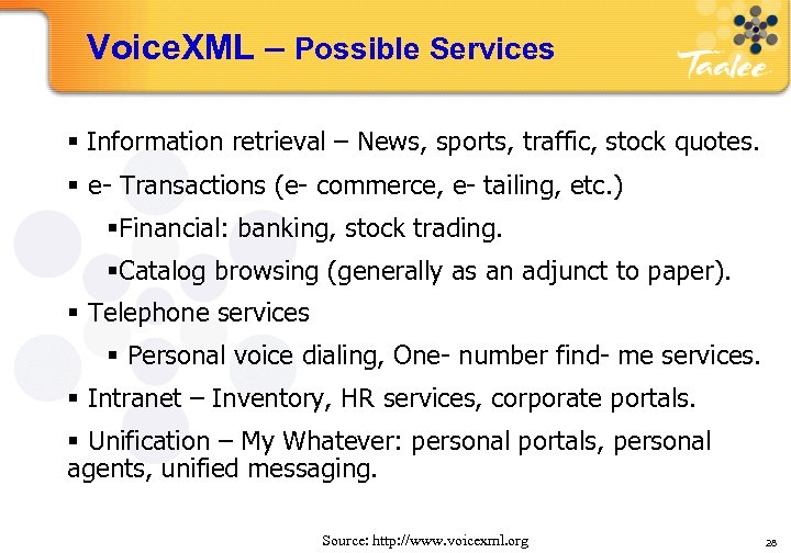 Voice. XML – Possible Services § Information retrieval – News, sports, traffic, stock quotes.