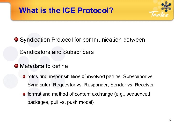 What is the ICE Protocol? Syndication Protocol for communication between Syndicators and Subscribers Metadata