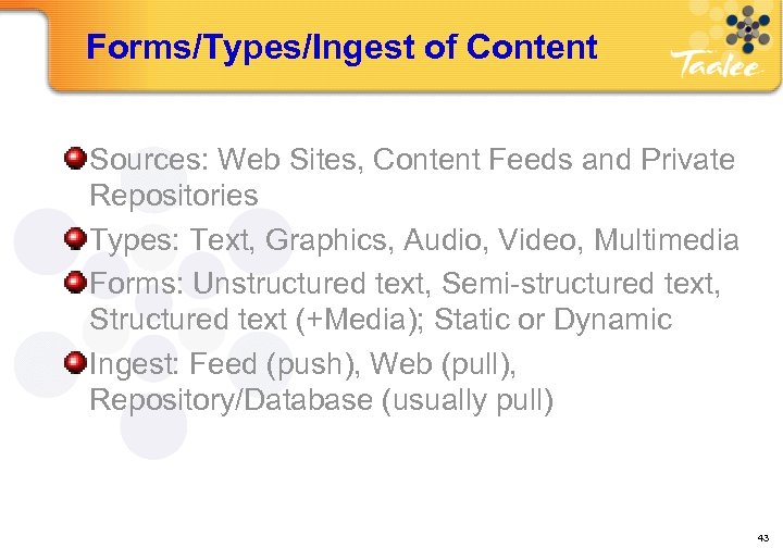Forms/Types/Ingest of Content Sources: Web Sites, Content Feeds and Private Repositories Types: Text, Graphics,