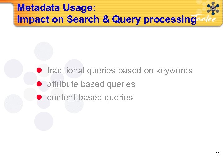 Metadata Usage: Impact on Search & Query processing l traditional queries based on keywords