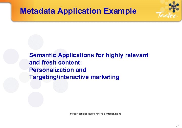 Metadata Application Example Semantic Applications for highly relevant and fresh content: Personalization and Targeting/interactive