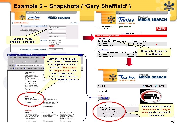 Example 2 – Snapshots (“Gary Sheffield”) Search for ‘Gary Sheffield’ in ‘Baseball’ Click on