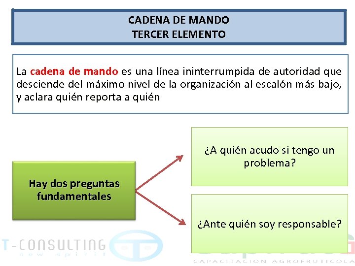 CADENA DE MANDO TERCER ELEMENTO La cadena de mando es una línea ininterrumpida de