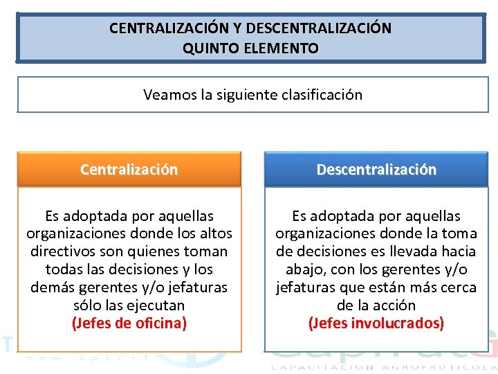 CENTRALIZACIÓN Y DESCENTRALIZACIÓN QUINTO ELEMENTO Veamos la siguiente clasificación Centralización Descentralización Es adoptada por