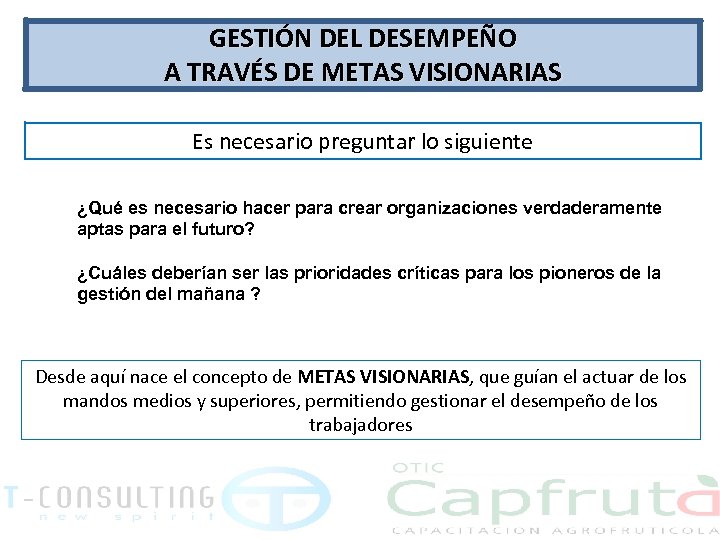 GESTIÓN DEL DESEMPEÑO A TRAVÉS DE METAS VISIONARIAS Es necesario preguntar lo siguiente ¿Qué