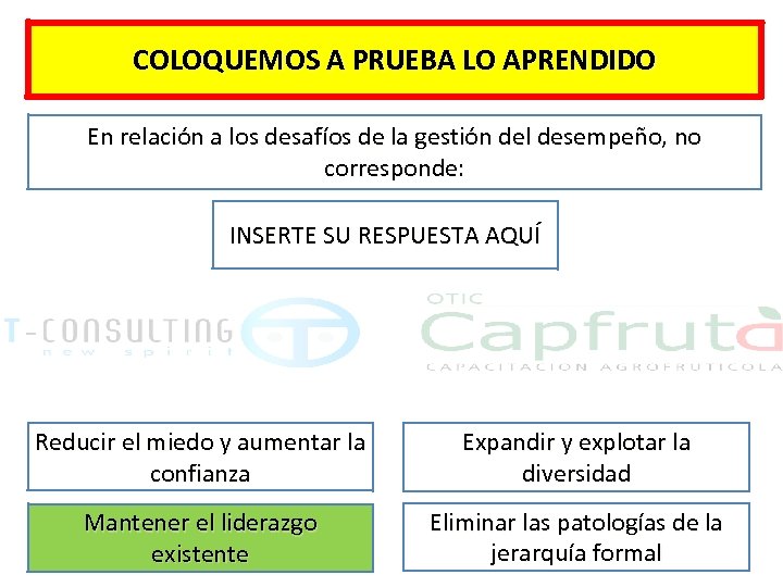 COLOQUEMOS A PRUEBA LO APRENDIDO En relación a los desafíos de la gestión del