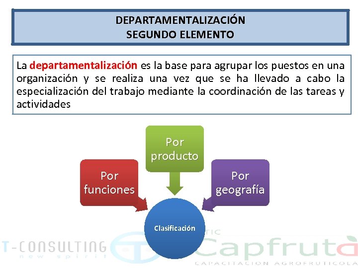 DEPARTAMENTALIZACIÓN SEGUNDO ELEMENTO La departamentalización es la base para agrupar los puestos en una