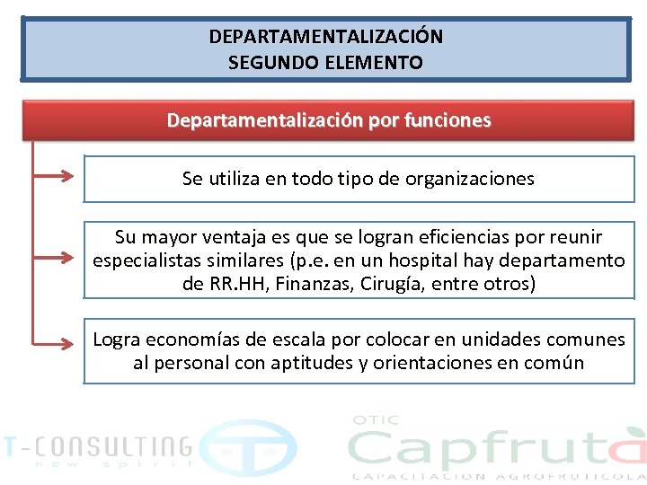 DEPARTAMENTALIZACIÓN SEGUNDO ELEMENTO Departamentalización por funciones Se utiliza en todo tipo de organizaciones Su