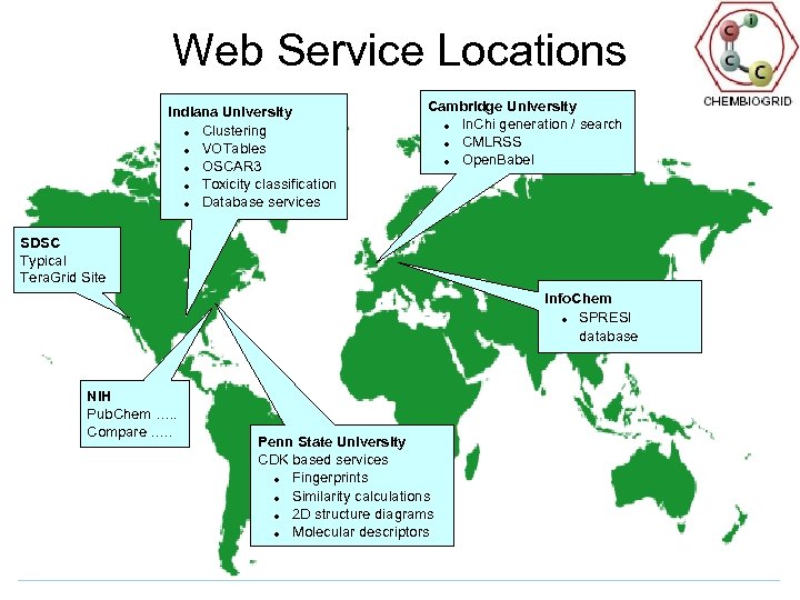 Web Service Locations Indiana University Clustering VOTables OSCAR 3 Toxicity classification Database services Cambridge