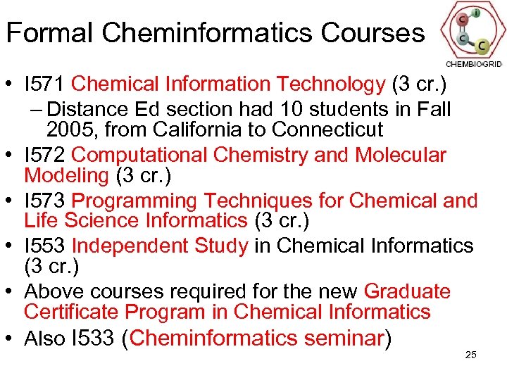 Formal Cheminformatics Courses • I 571 Chemical Information Technology (3 cr. ) – Distance