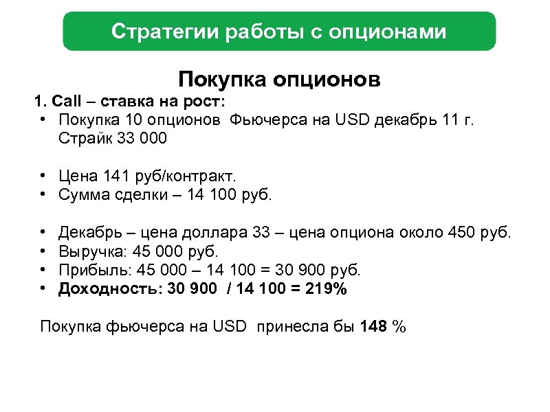 Стратегии работы с опционами Покупка опционов 1. Call – ставка на рост: • Покупка