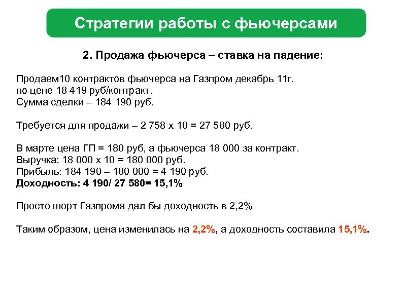 Стратегии работы с фьючерсами 2. Продажа фьючерса – ставка на падение: Продаем 10 контрактов