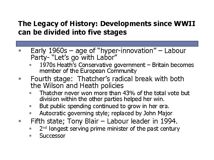 The Legacy of History: Developments since WWII can be divided into five stages §