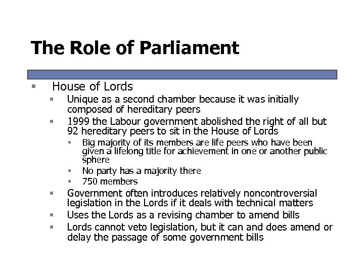 The Role of Parliament § House of Lords § § Unique as a second