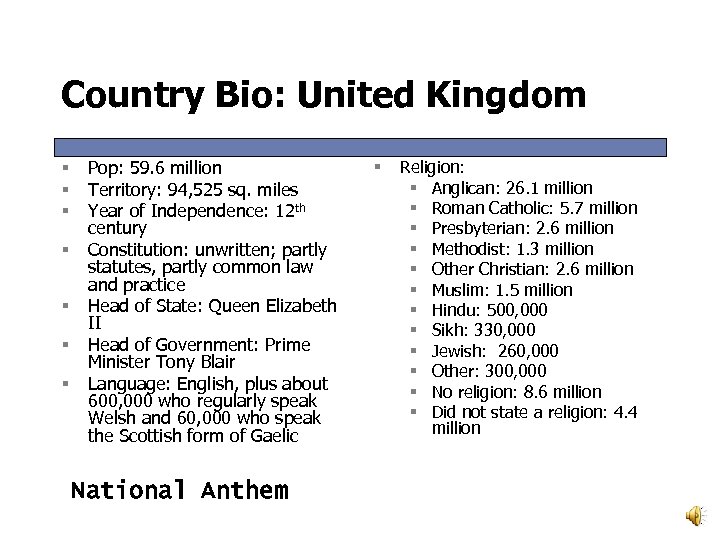Country Bio: United Kingdom § § § § Pop: 59. 6 million Territory: 94,