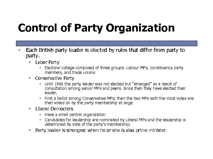 Control of Party Organization § Each British party leader is elected by rules that
