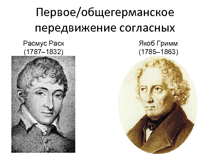Первое/общегерманское передвижение согласных Расмус Раск (1787– 1832) Якоб Гримм (1785– 1863) 