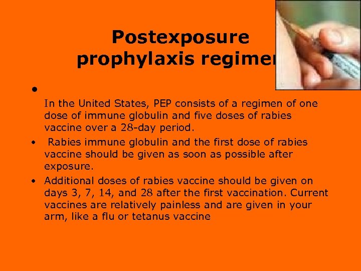 Postexposure prophylaxis regimen • In the United States, PEP consists of a regimen of