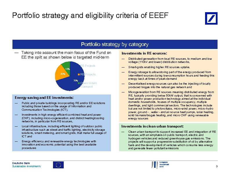 Portfolio strategy and eligibility criteria of EEEF Portfolio strategy by category — Taking into