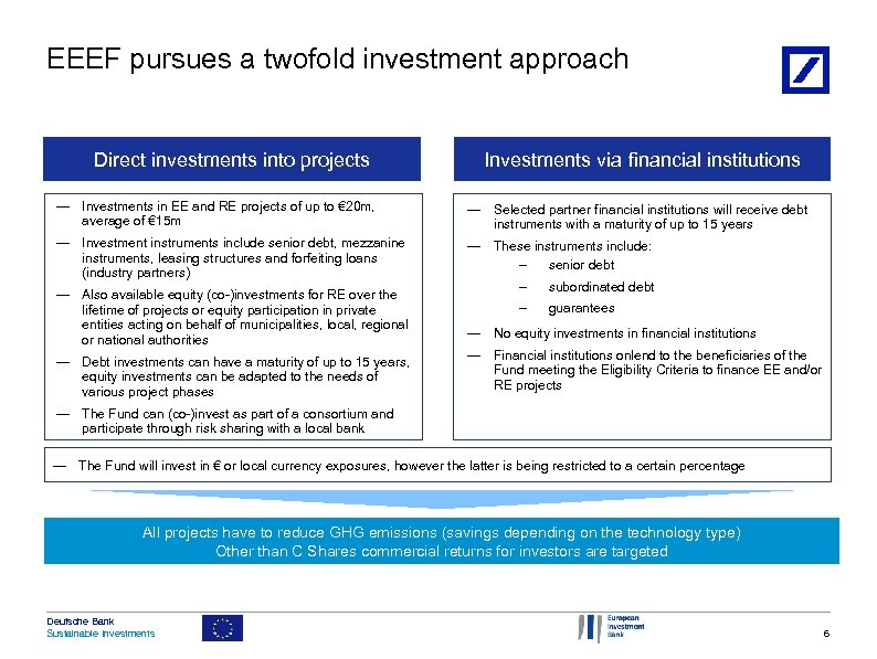 EEEF pursues a twofold investment approach Direct investments into projects Investments via financial institutions