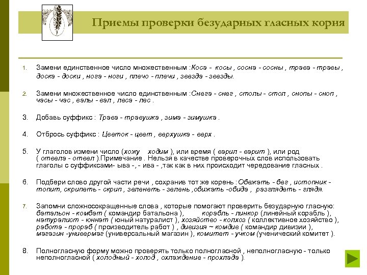 Приемы проверки безударных гласных корня 1. Замени единственное число множественным : Коса - косы