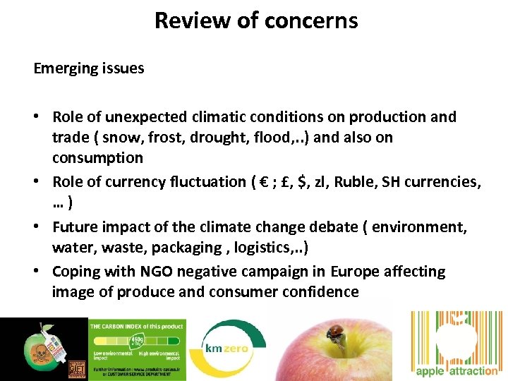 Review of concerns Emerging issues • Role of unexpected climatic conditions on production and