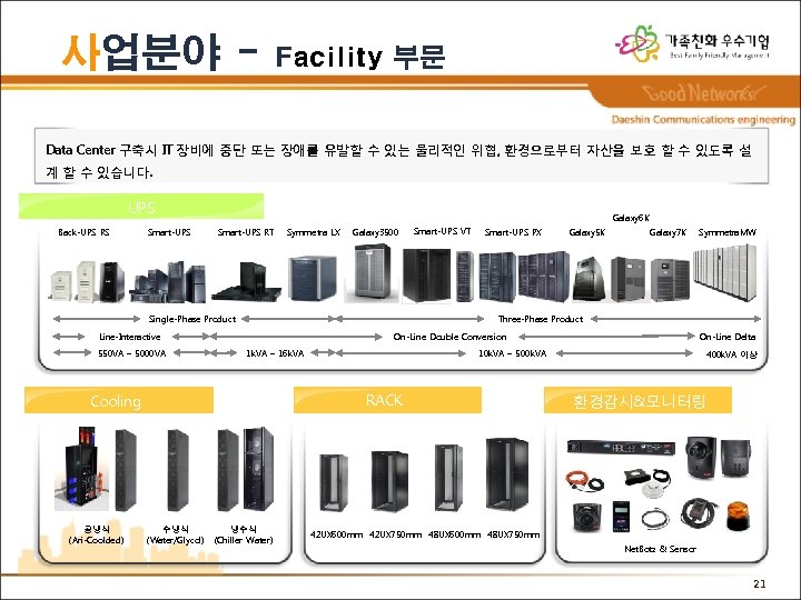 사업분야 - Facility 부문 Data Center 구축시 IT 장비에 중단 또는 장애를 유발할 수