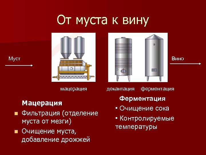 От муста к вину Муст Вино мацерация Мацерация n Фильтрация (отделение муста от мезги)