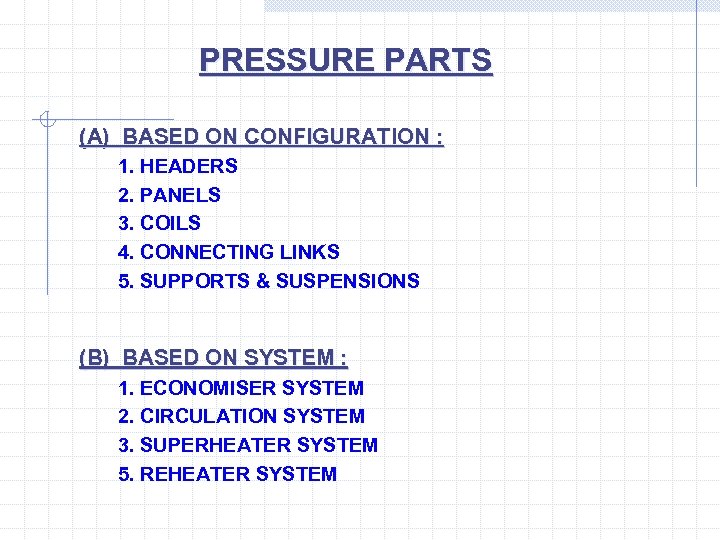 PRESSURE PARTS (A) BASED ON CONFIGURATION : 1. HEADERS 2. PANELS 3. COILS 4.